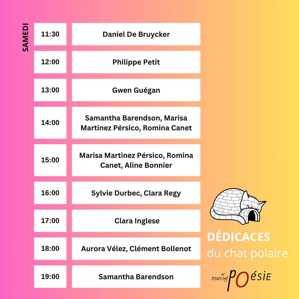 Agenda signatures Le Chat Polaire 43e Marché de la Poésie