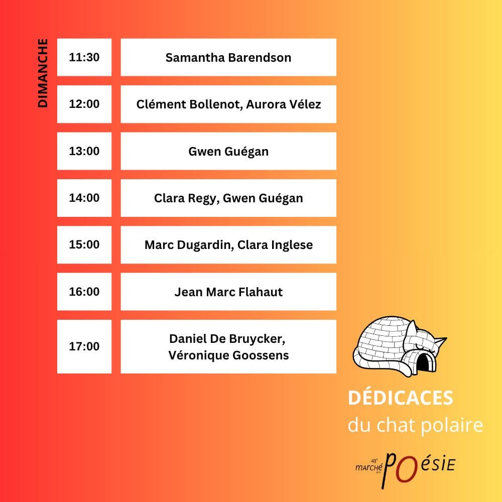 Agenda signatures Le Chat Polaire 43e Marché de la Poésie